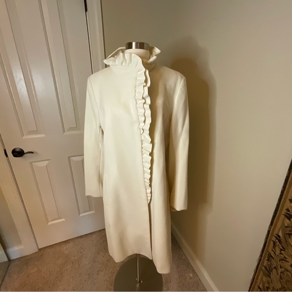 DKNY Wool Blend Ruffled Cream Overcoat - Picture 1 of 7
